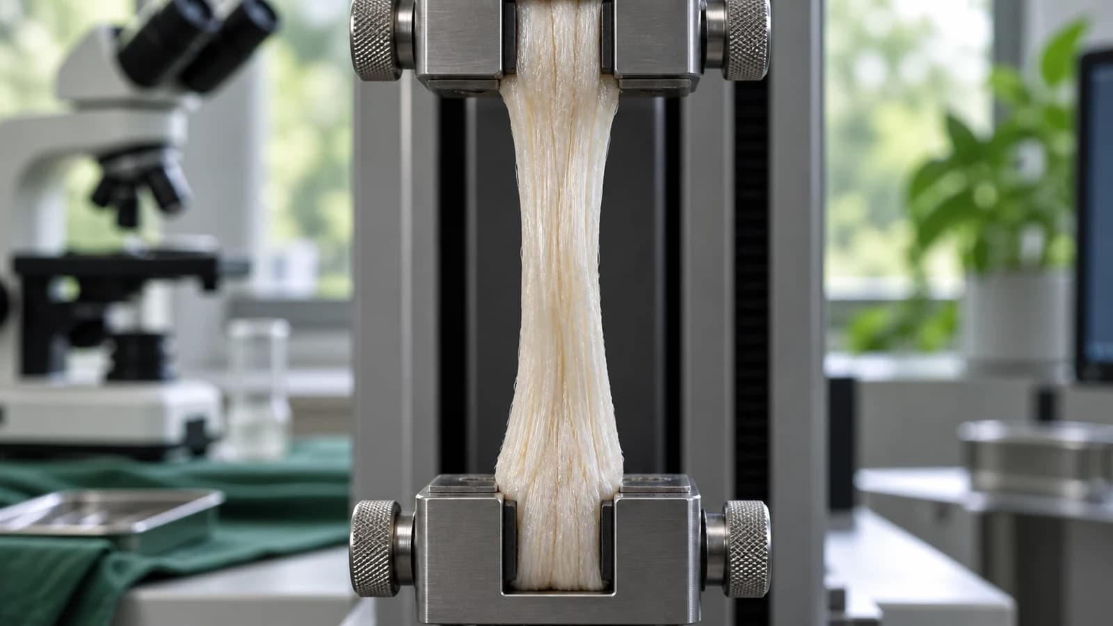 Pale tendon-fiber specimen in a laboratory tensile-testing fixture for mechanical research