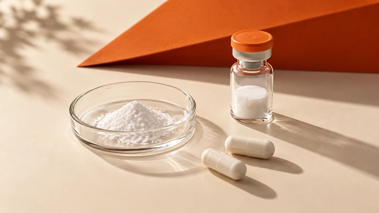 White powder, plain capsules and a sealed lyophilized-material vial on an orange-accented surface.