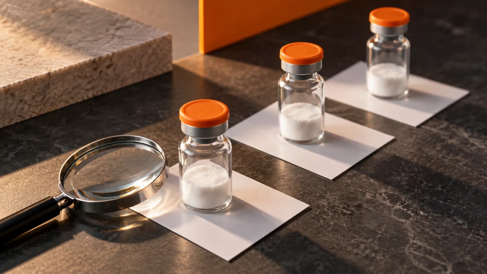 Three sealed white-powder vials on separate sample cards beside a magnifying lens.